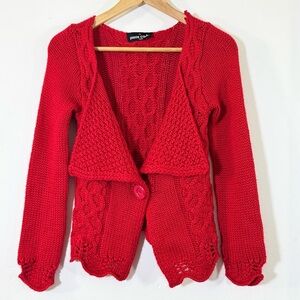 90s Pierre Cardin Red Open-Front Knit Cardigan with Scalloped Edge